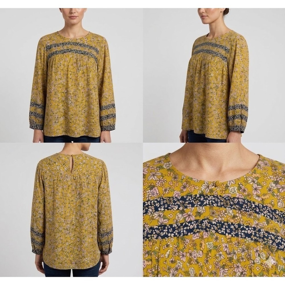 J. Jill Pullover Blouse Womens L Yellow Ditsy‎ Floral Boho Relaxed Fit Casual